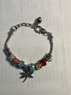 Pandora Style Silver Dragonfly Charm Bracelet with Red, Blue and Gold Accents